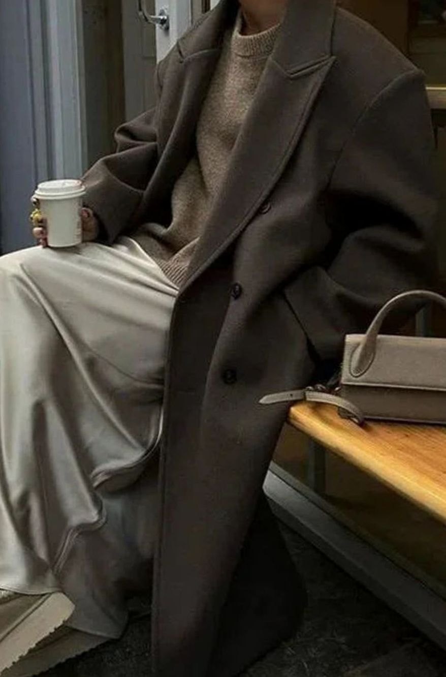Women's Oversized Double-Breasted Brown Winter Coat