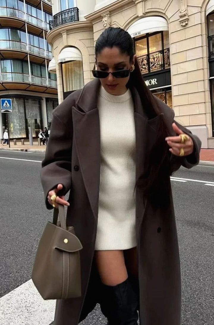 Women's Oversized Double-Breasted Brown Winter Coat