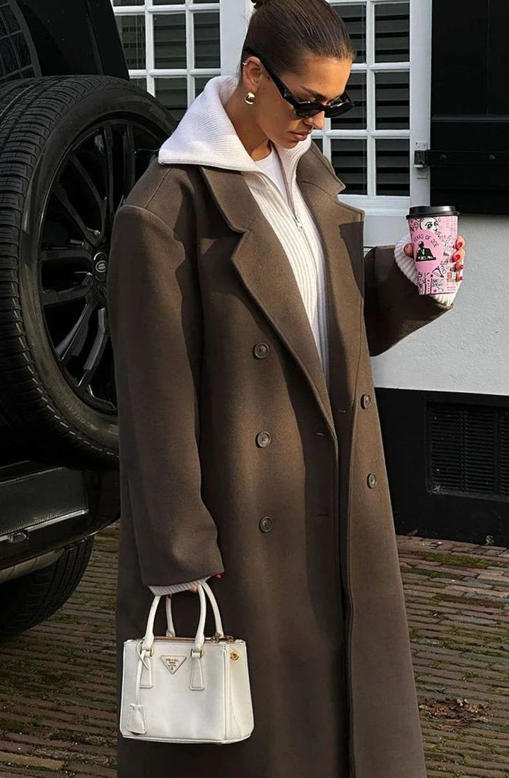Women's Oversized Double-Breasted Brown Winter Coat