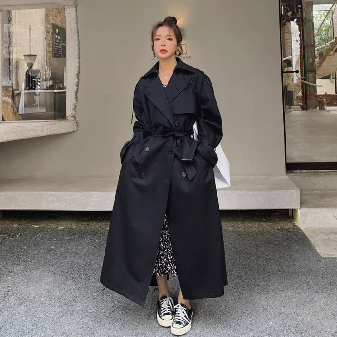 Women's Oversized Double-Breasted Maxi Longline Trench Coat - Black