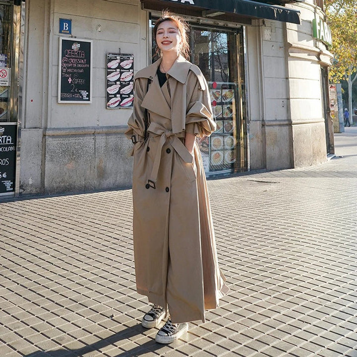 Women's Oversized Double-Breasted Maxi Longline Trench Coat - Khaki