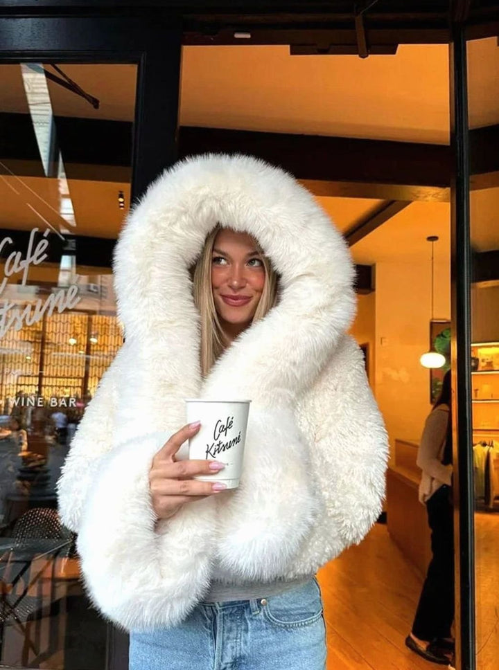 Women's Oversized Faux Fur Hooded Casual Coat - White