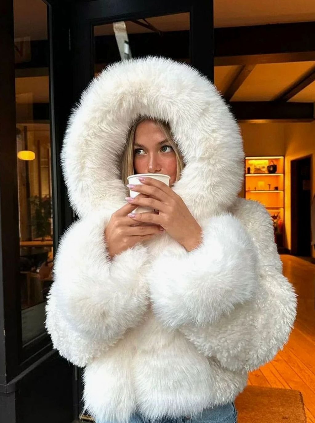 Women's Oversized Faux Fur Hooded Casual Coat - White