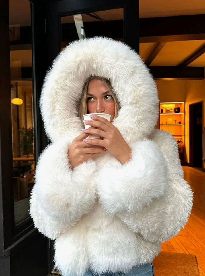 Women's Oversized Faux Fur Hooded Casual Coat - White