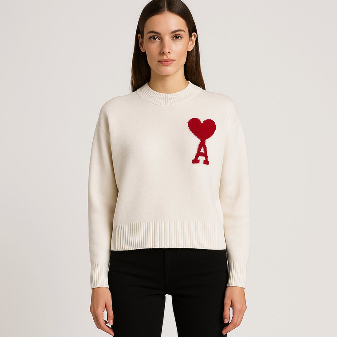 Women's Oversized Heart Motif Crew Neck Knit Sweater