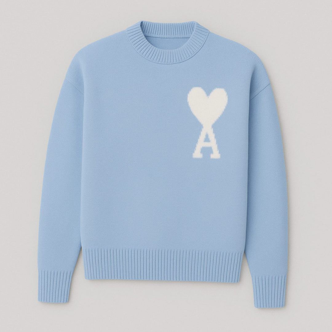 Women's Oversized Heart Motif Crew Neck Knit Sweater - Blue
