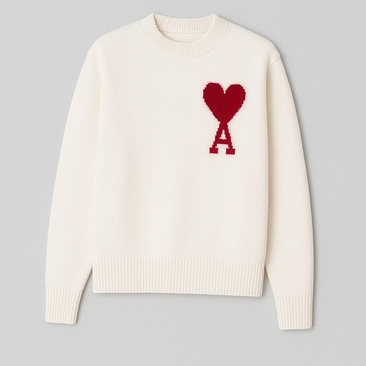 Women's Oversized Heart Motif Crew Neck Knit Sweater - White