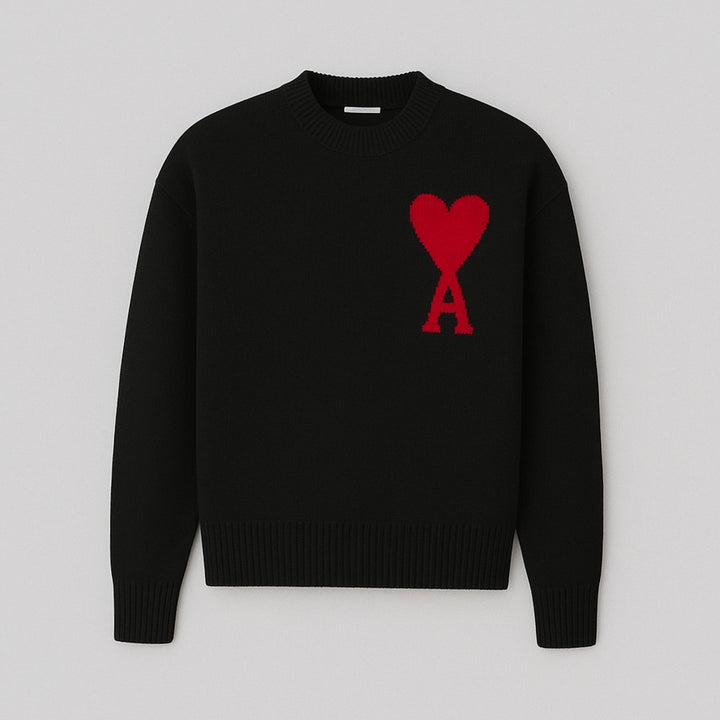 Women's Oversized Heart Motif Crew Neck Knit Sweater - Black