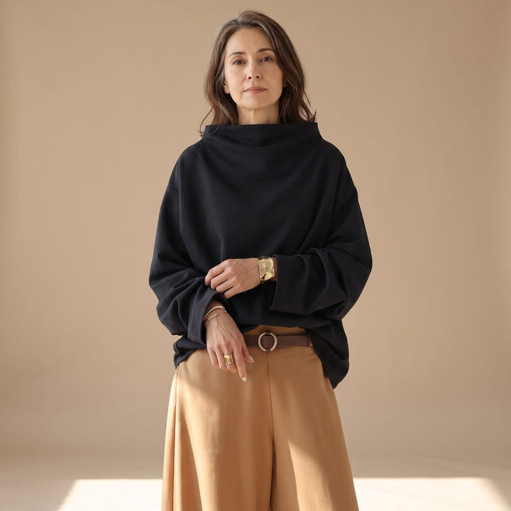 Women's Oversized High-Neck Soft Knit Sweater Top - Black