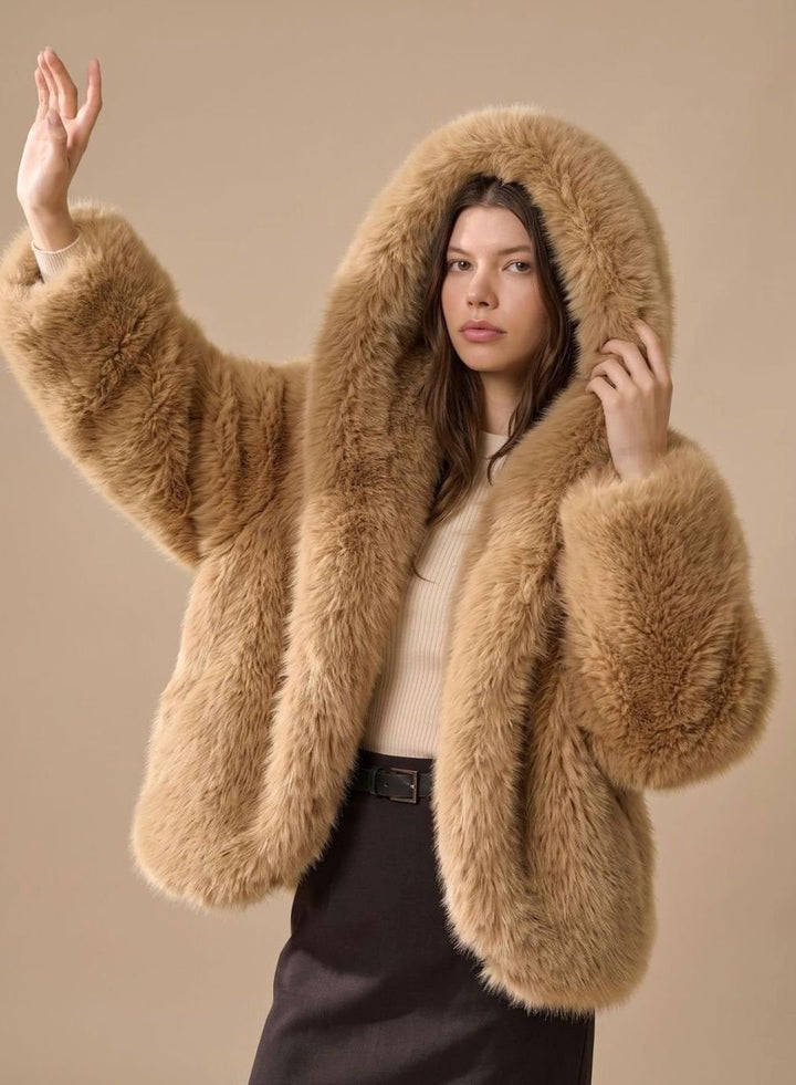 Women's Oversized Hooded Faux Fur Coat Long Sleeve Winter - Brown