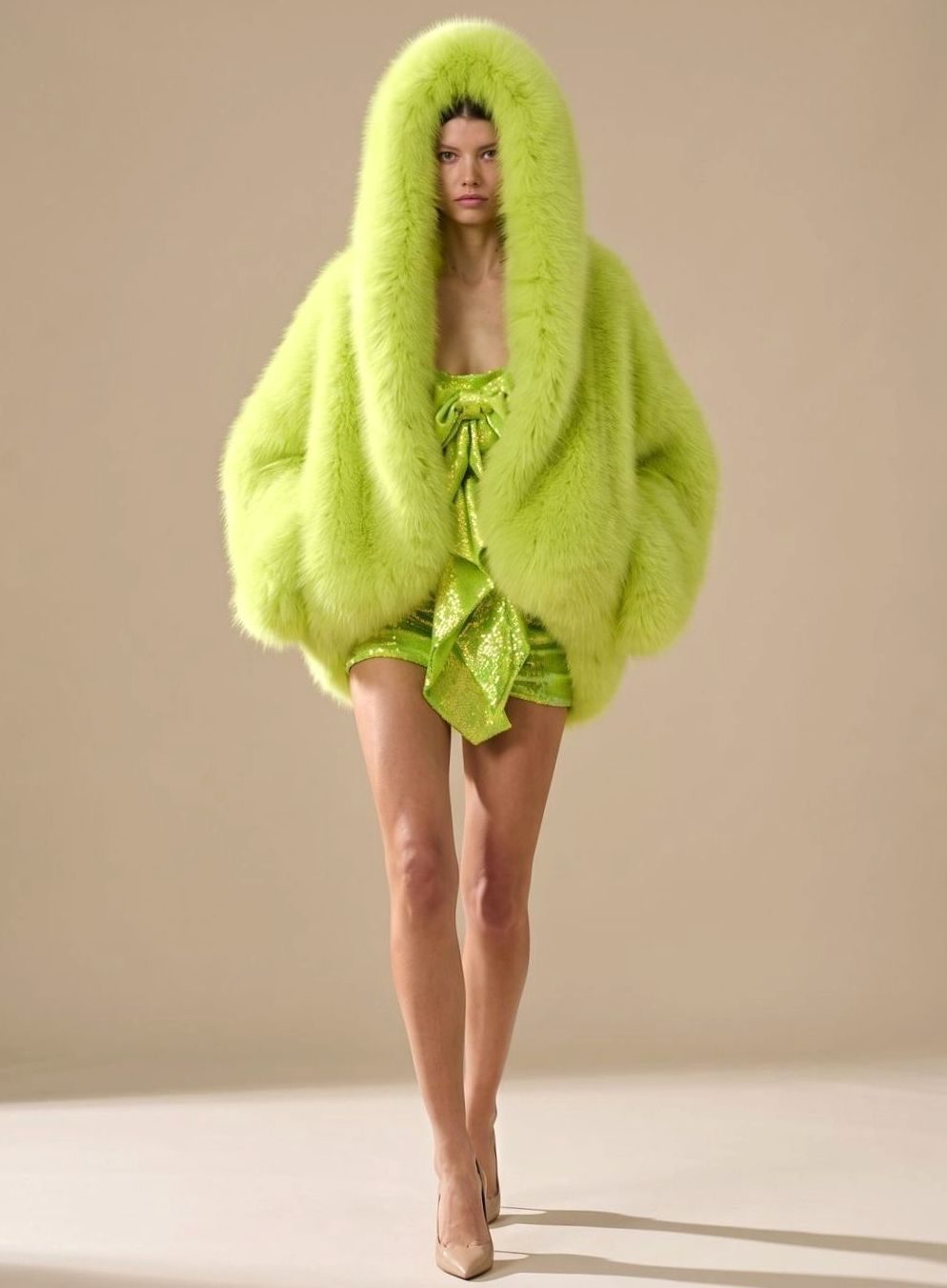 Women's Oversized Hooded Faux Fur Coat Long Sleeve Winter - Green