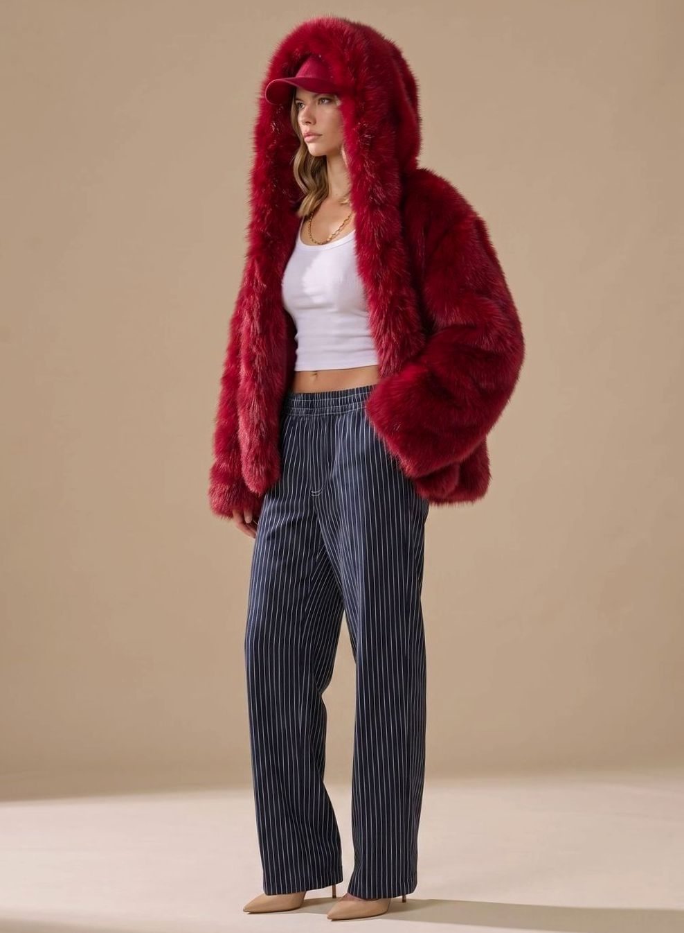 Women's Oversized Hooded Faux Fur Coat Long Sleeve Winter - Red