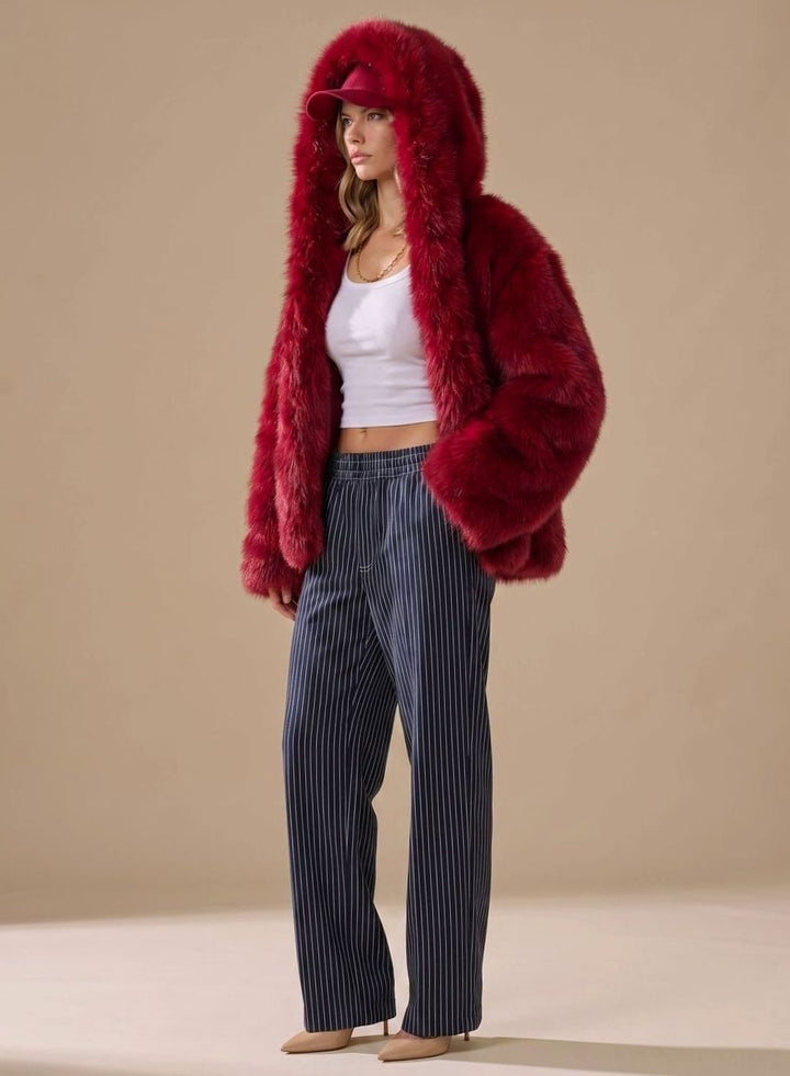Women's Oversized Hooded Faux Fur Coat Long Sleeve Winter - Red