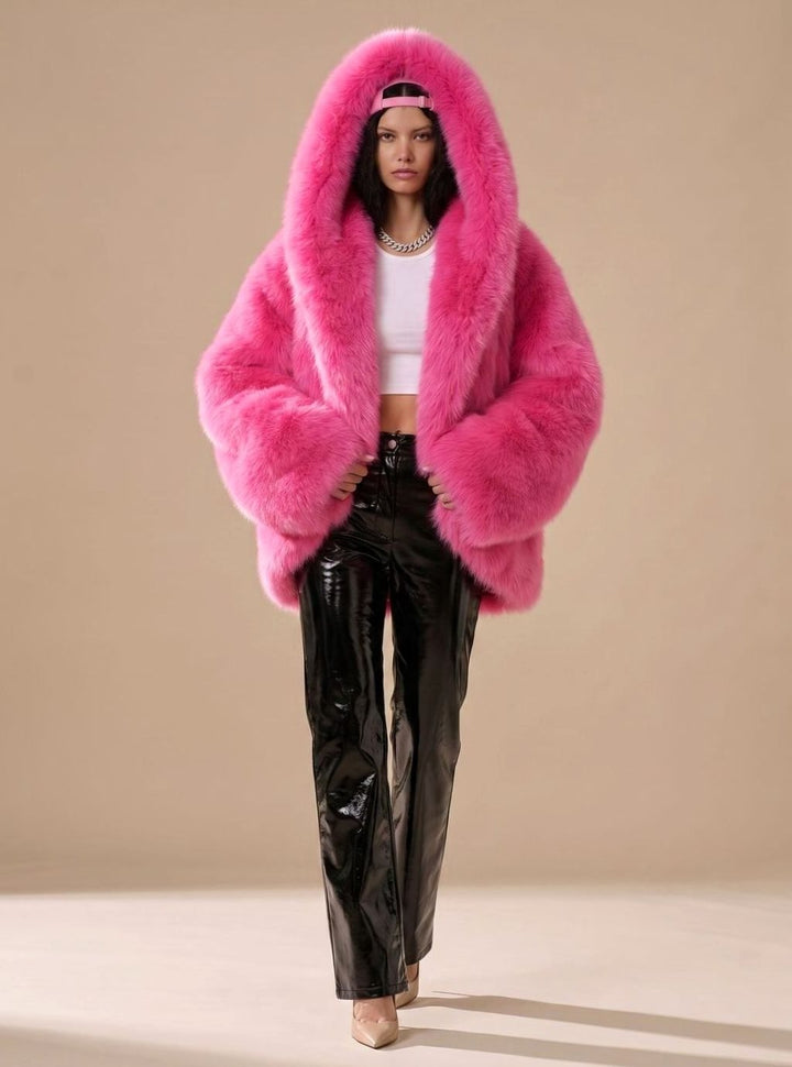 Women's Oversized Hooded Faux Fur Coat Long Sleeve Winter - Rose Red