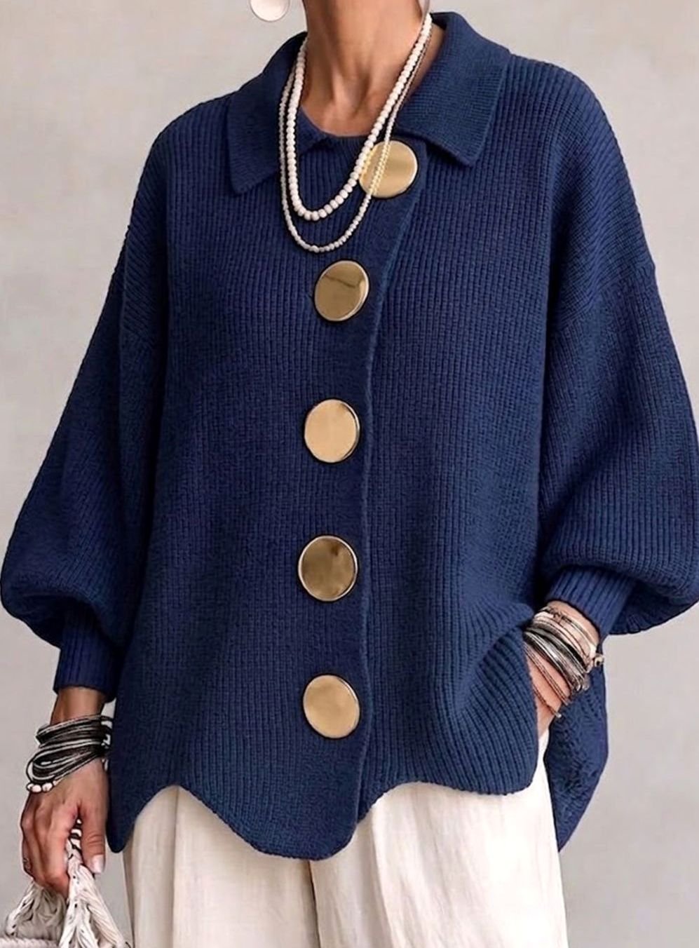 Women's Oversized Knit Cardigan Gold-Button Lantern-Sleeve Sweater - Navy Blue