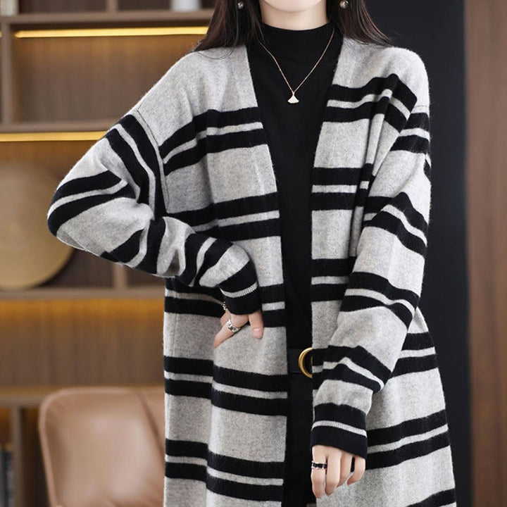Women's Oversized Long Open-Front Striped Knit Cardigan - Black-Gray