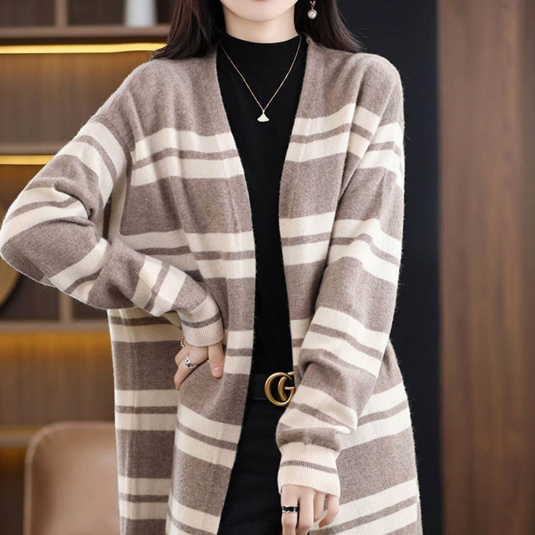 Women's Oversized Long Open-Front Striped Knit Cardigan - Beige-Camel