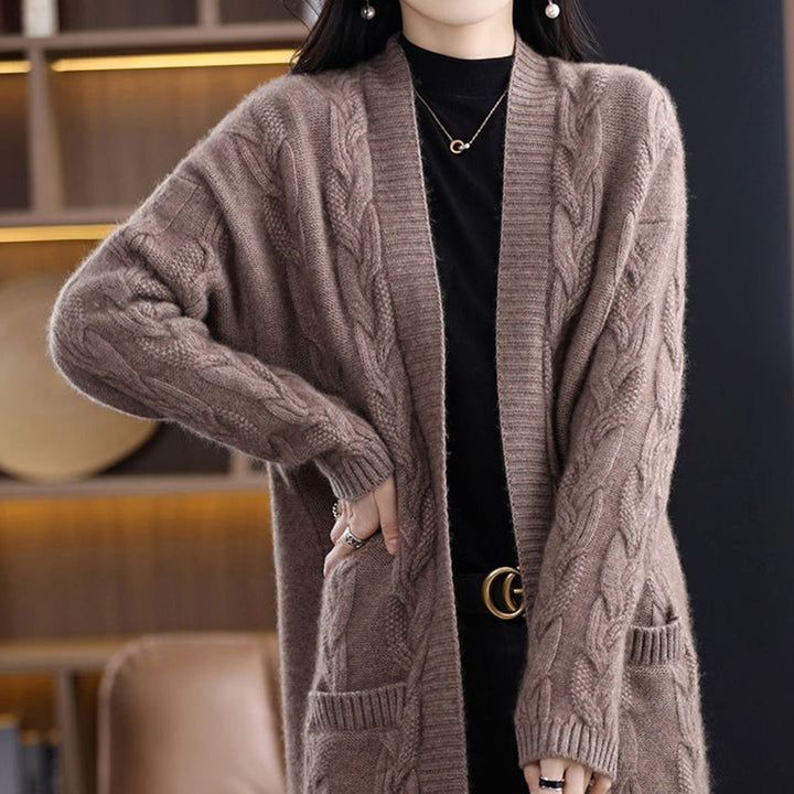 Women's Oversized Long Open-Front Striped Knit Cardigan - Camel Brown