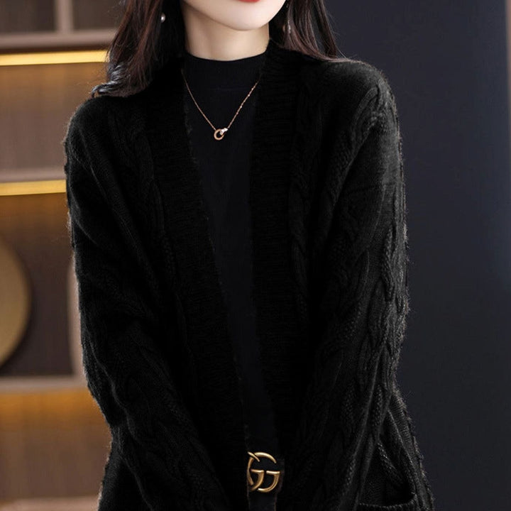 Women's Oversized Long Open-Front Striped Knit Cardigan - Black