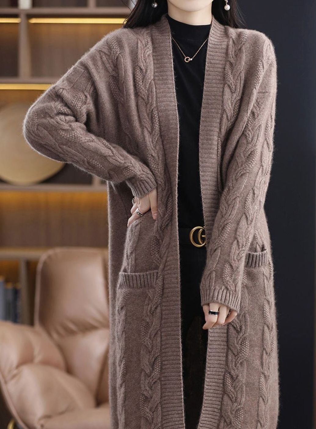 Women's Oversized Long Open-Front Striped Knit Cardigan