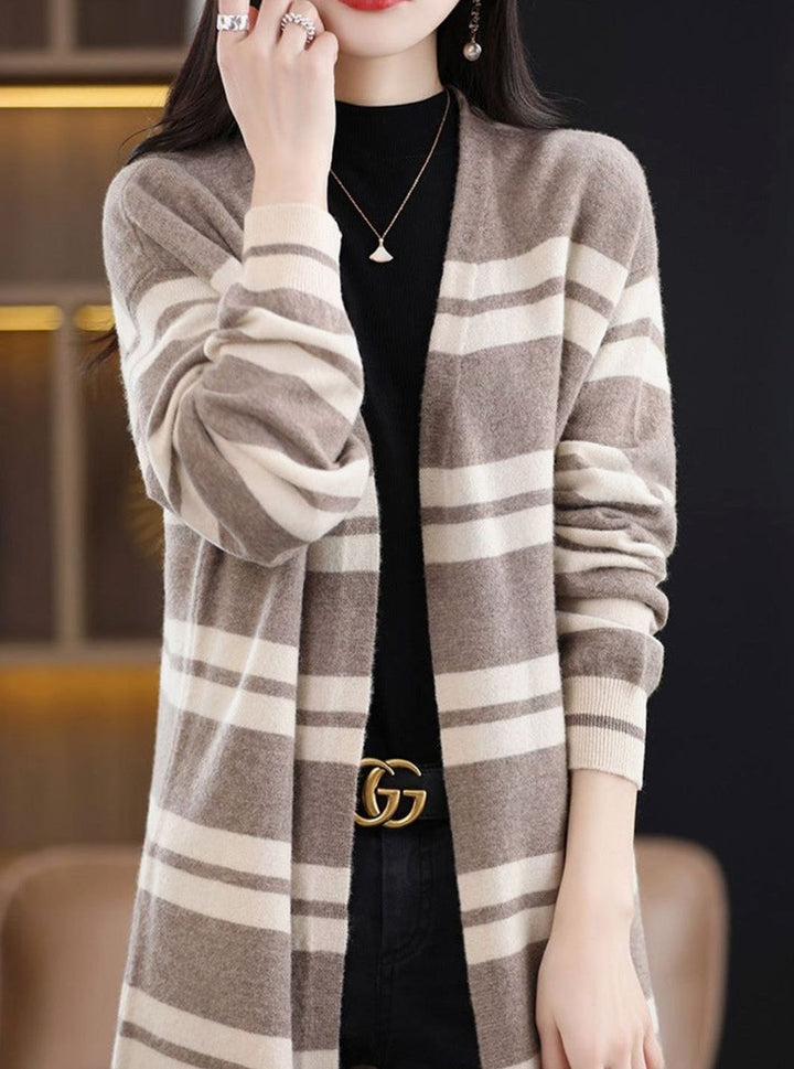 Women's Oversized Long Open-Front Striped Knit Cardigan