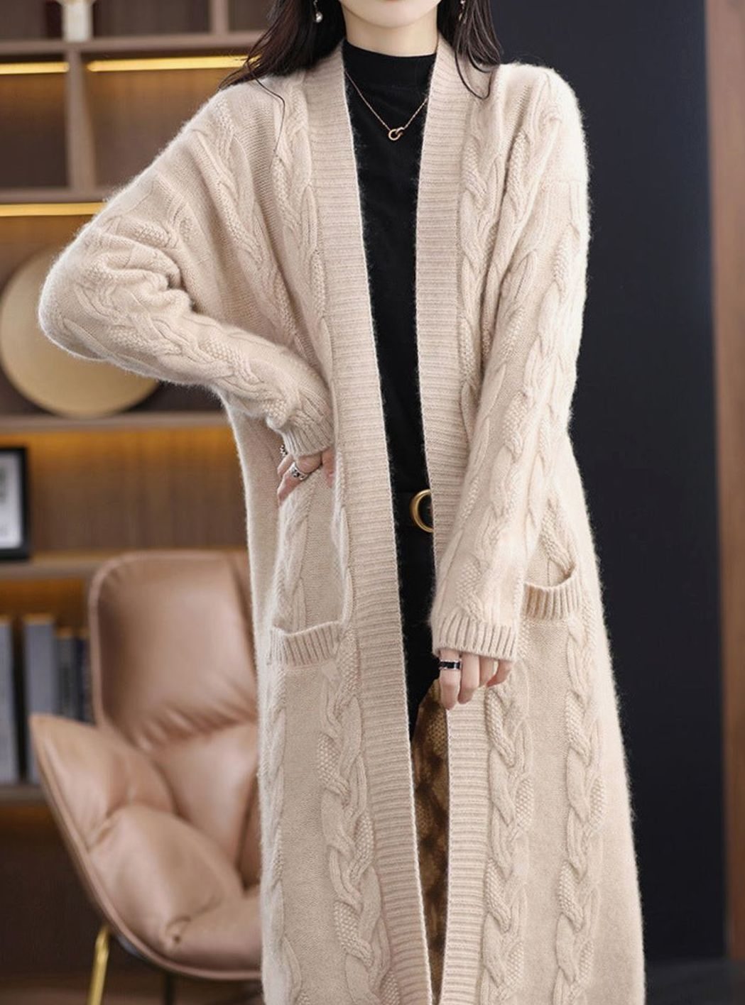 Women's Oversized Long Open-Front Striped Knit Cardigan