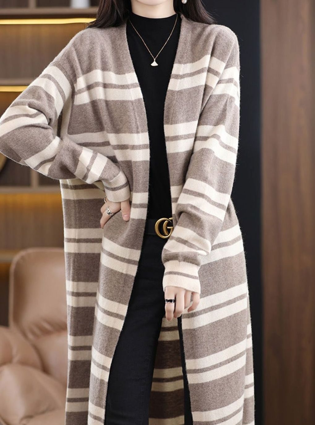 Women's Oversized Long Open-Front Striped Knit Cardigan