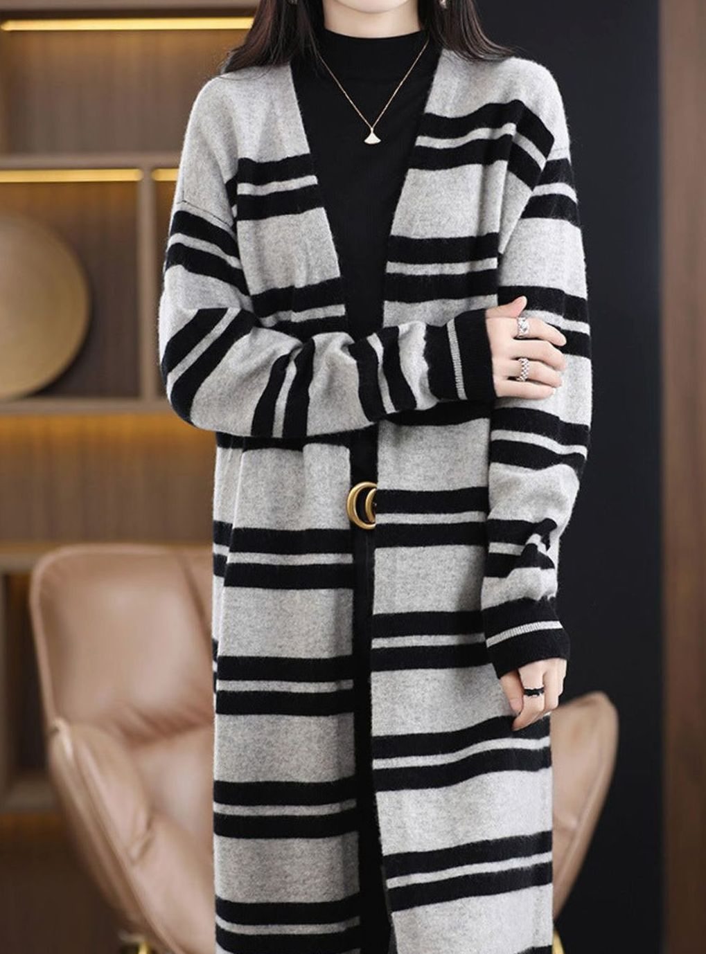 Women's Oversized Long Open-Front Striped Knit Cardigan