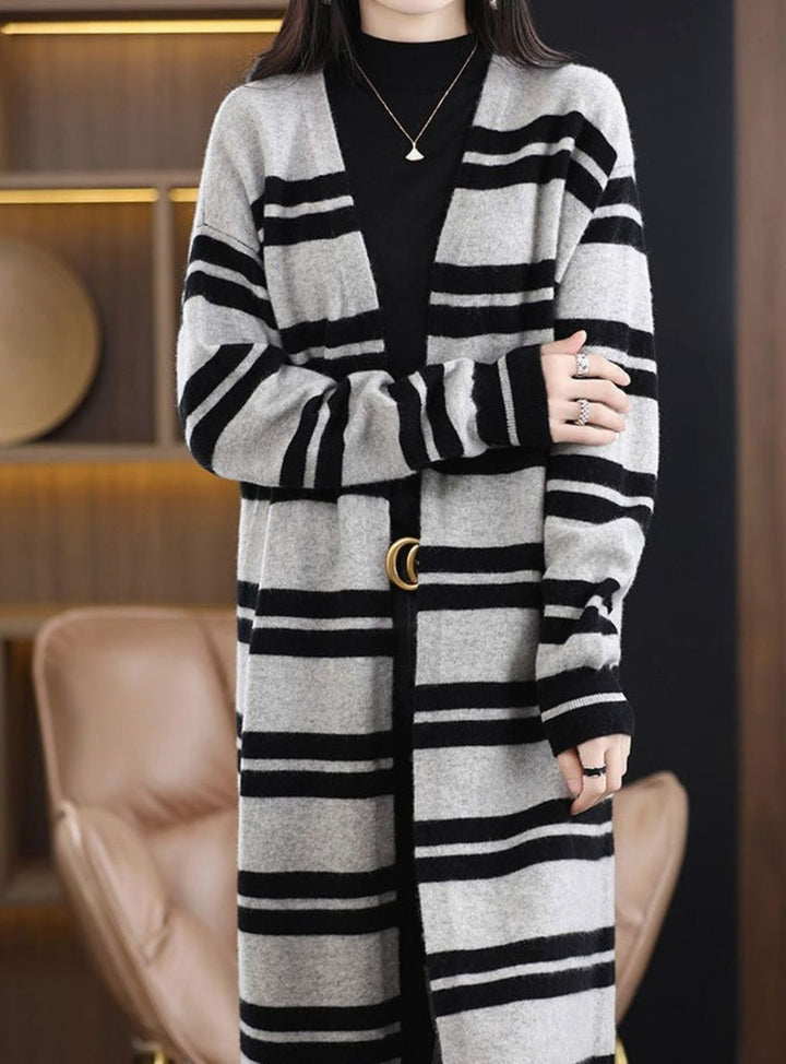 Women's Oversized Long Open-Front Striped Knit Cardigan