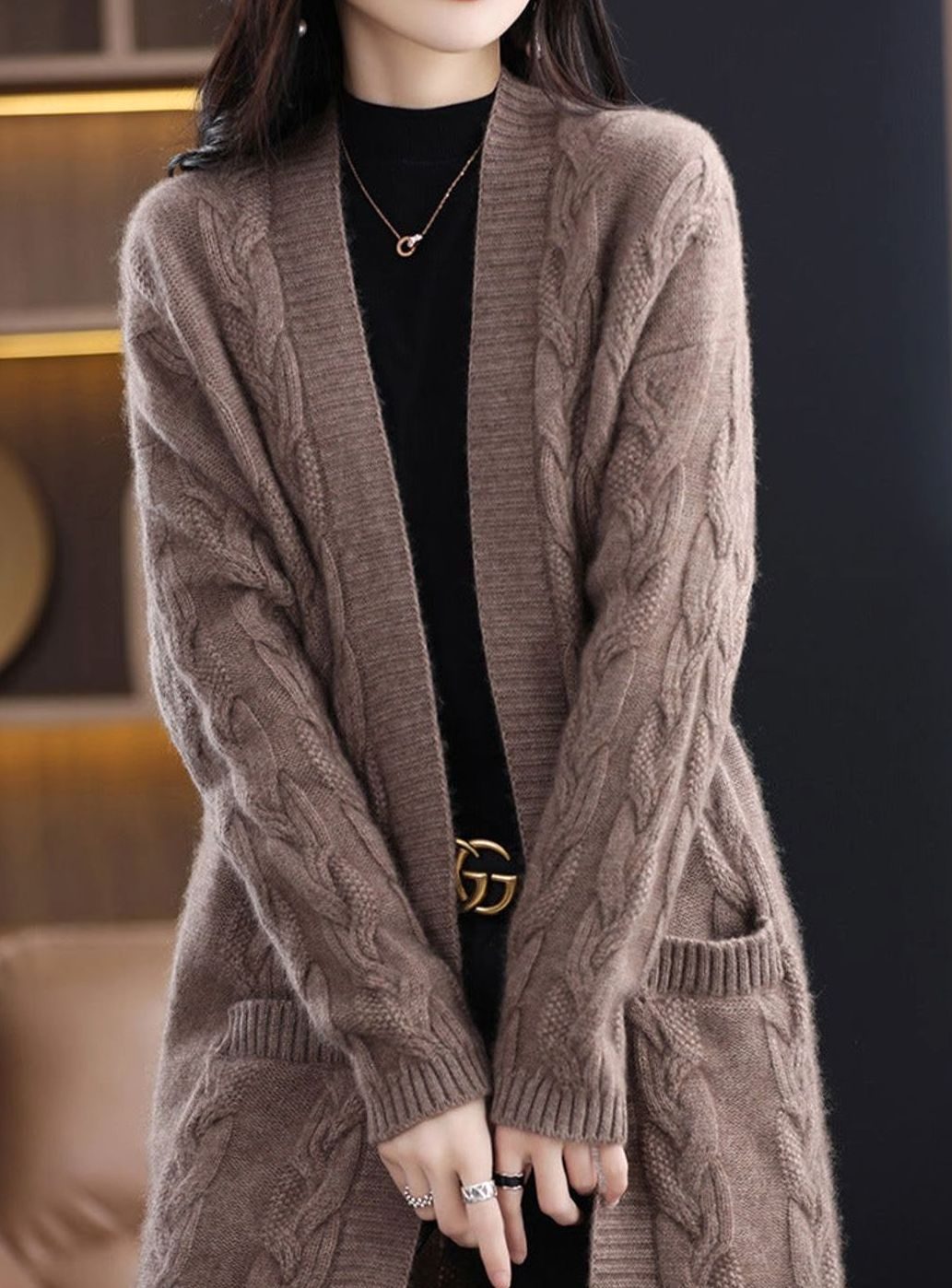 Women's Oversized Long Open-Front Striped Knit Cardigan