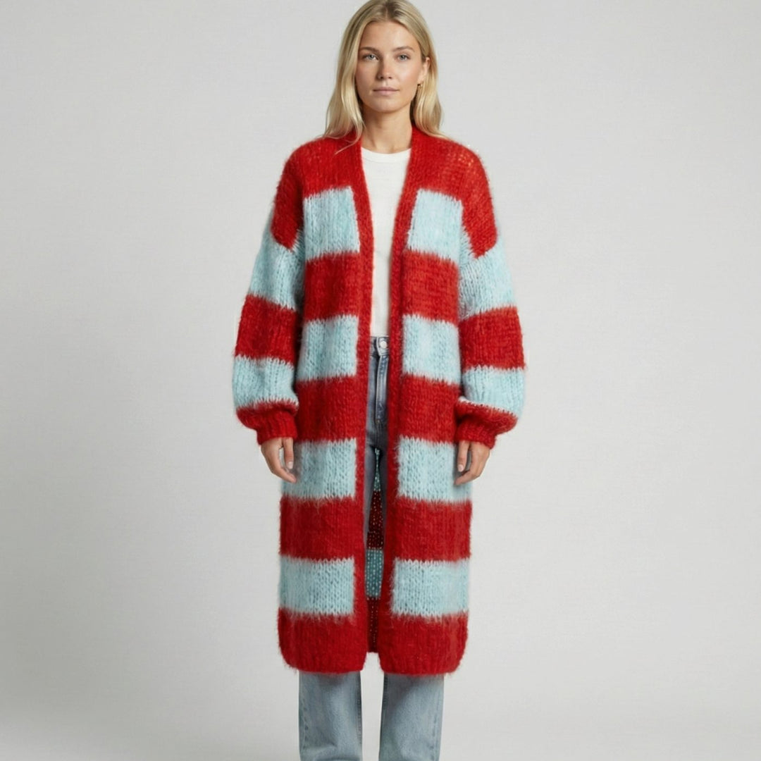 Women's Oversized Long Striped Open-Front Cardigan