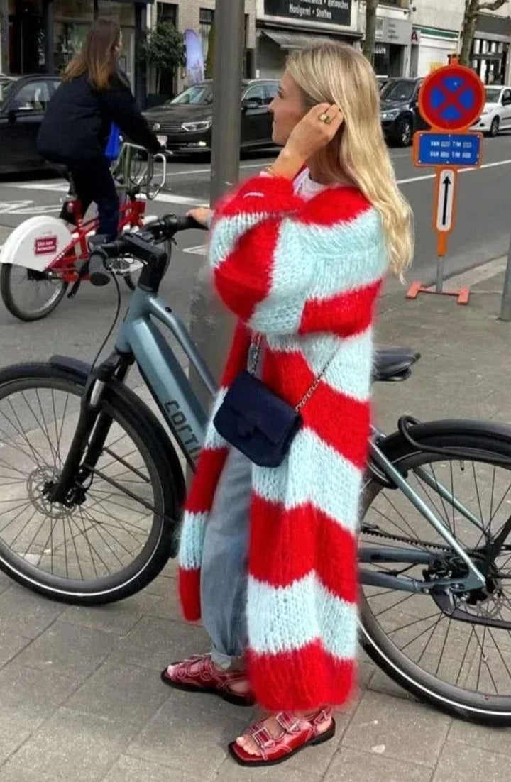 Women's Oversized Long Striped Open-Front Cardigan