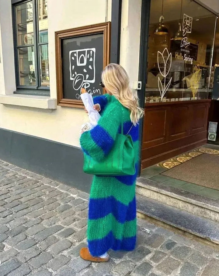 Women's Oversized Long Striped Open-Front Cardigan
