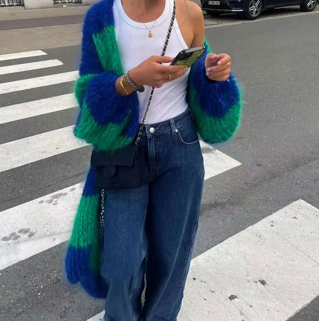 Women's Oversized Long Striped Open-Front Cardigan - Green