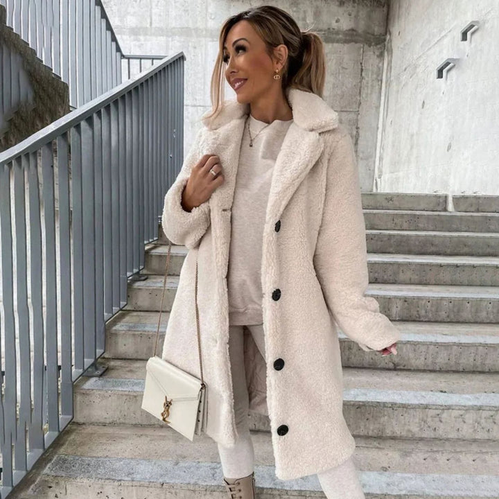 Women's Oversized Long Teddy Coat Lapel Button-Front Winter Coat - Apricot