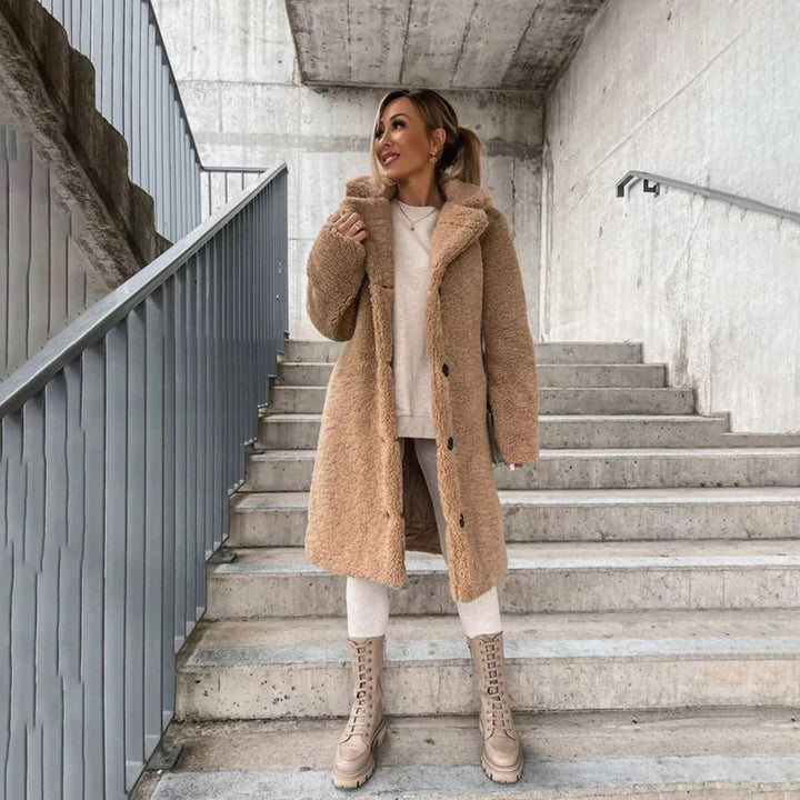Women's Oversized Long Teddy Coat Lapel Button-Front Winter Coat - Khaki