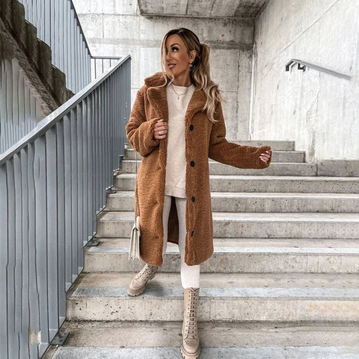 Women's Oversized Long Teddy Coat Lapel Button-Front Winter Coat - Coffee
