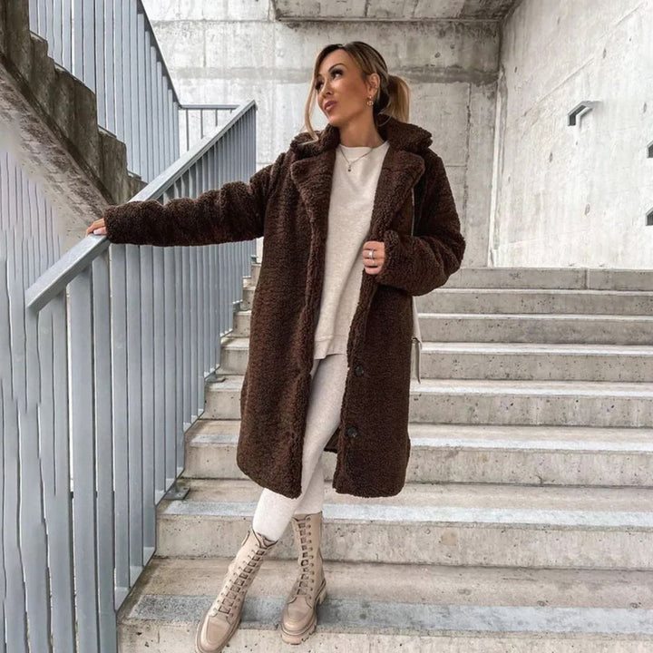 Women's Oversized Long Teddy Coat Lapel Button-Front Winter Coat - Brown