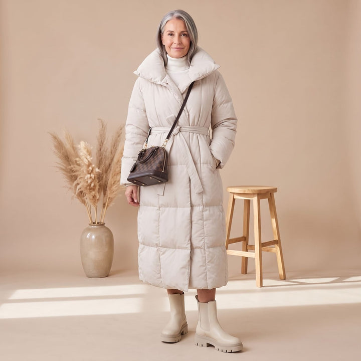 Women's Oversized Maxi Quilted Puffer Jacket Long Winter Coat - Beige