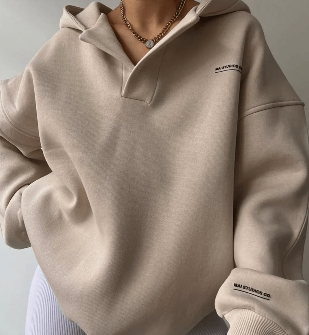 Women's Oversized Notch-Neck Pullover Hoodie Sweatshirt - Beige
