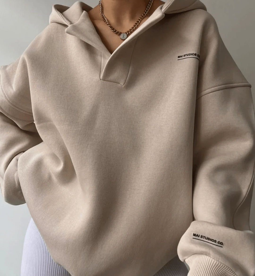 Women's Oversized Notch-Neck Pullover Hoodie Sweatshirt - Beige