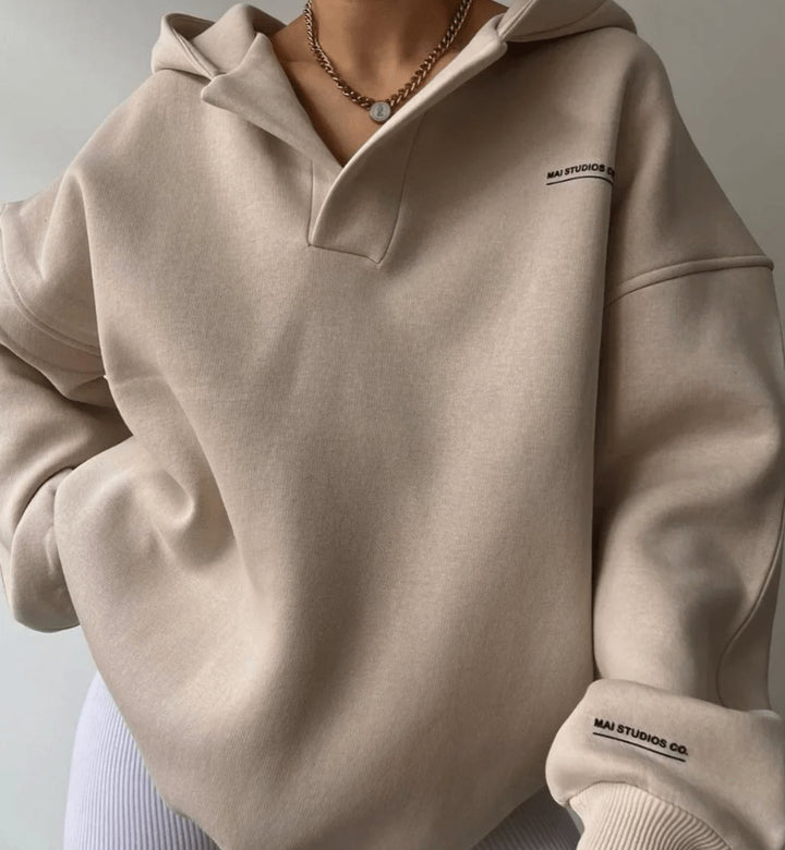 Women's Oversized Notch-Neck Pullover Hoodie Sweatshirt - Beige