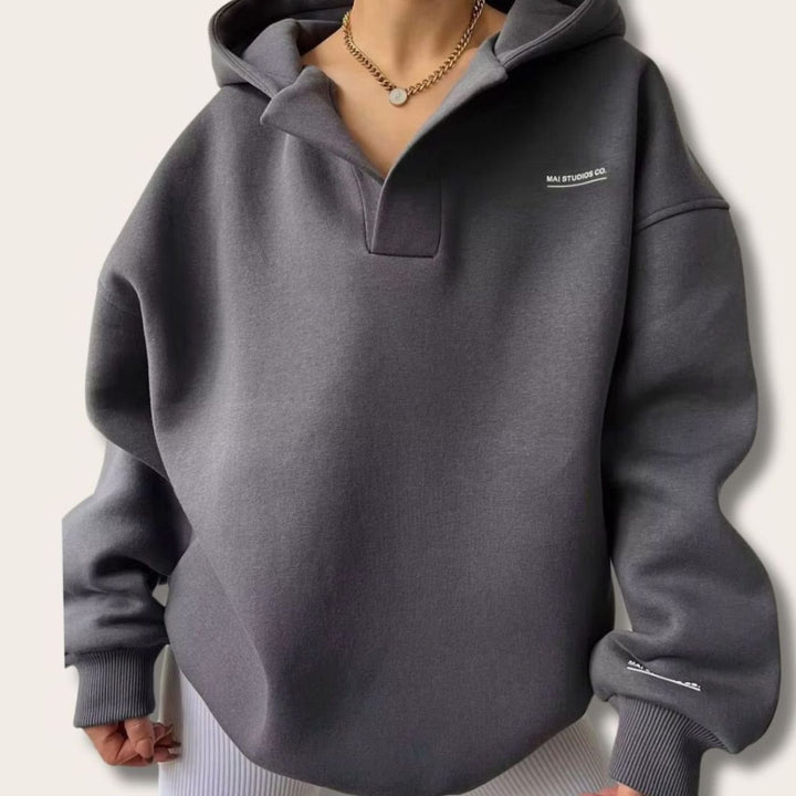Women's Oversized Notch-Neck Pullover Hoodie Sweatshirt - Gray
