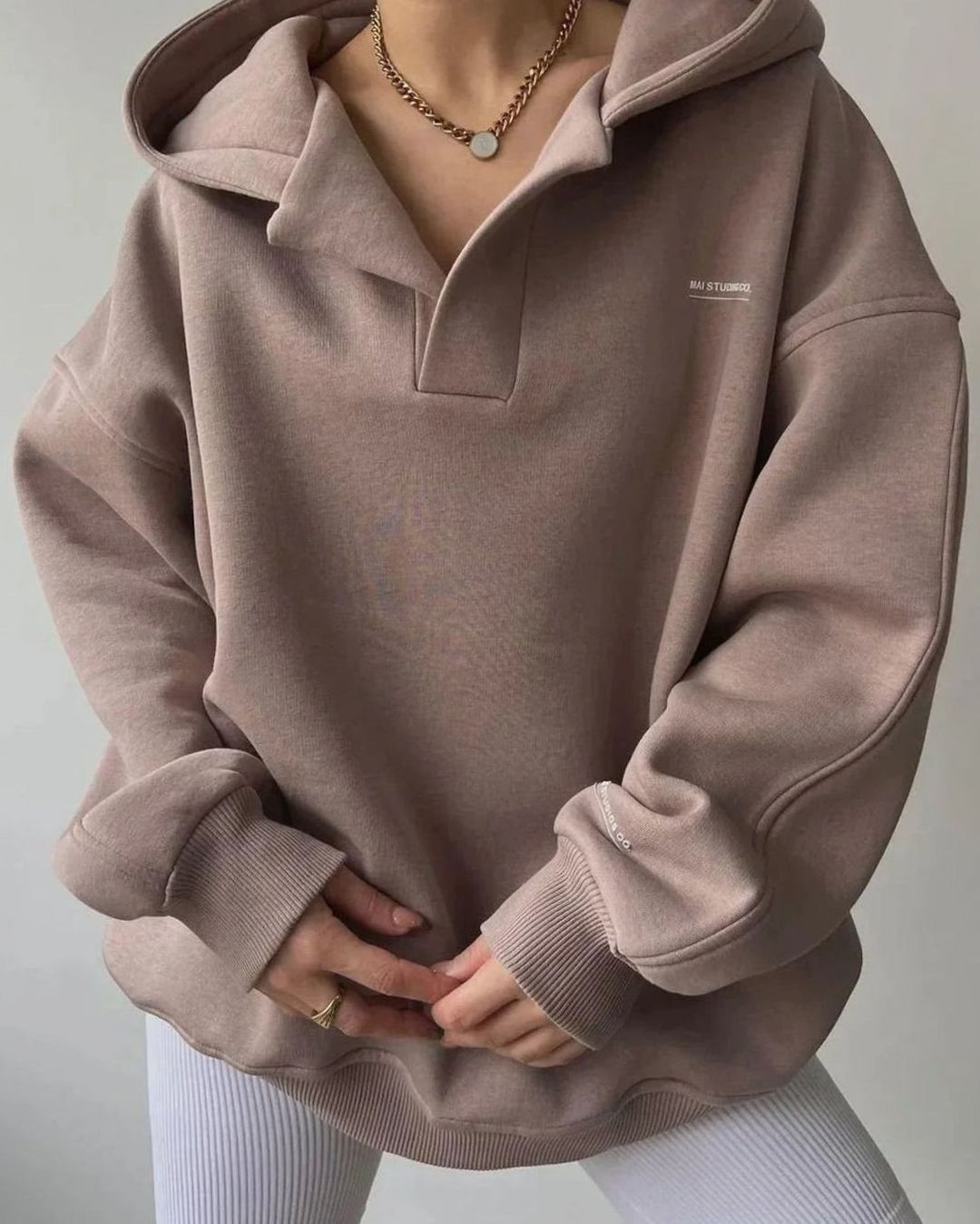 Women's Oversized Notch-Neck Pullover Hoodie Sweatshirt - Pinkish Gray
