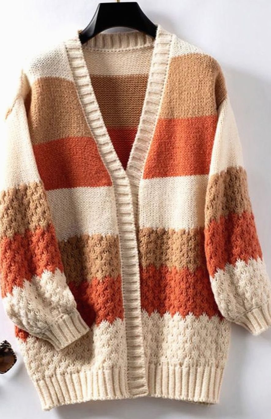 Women's Oversized Open-Front Striped Knit Cardigan Sweater - Orange