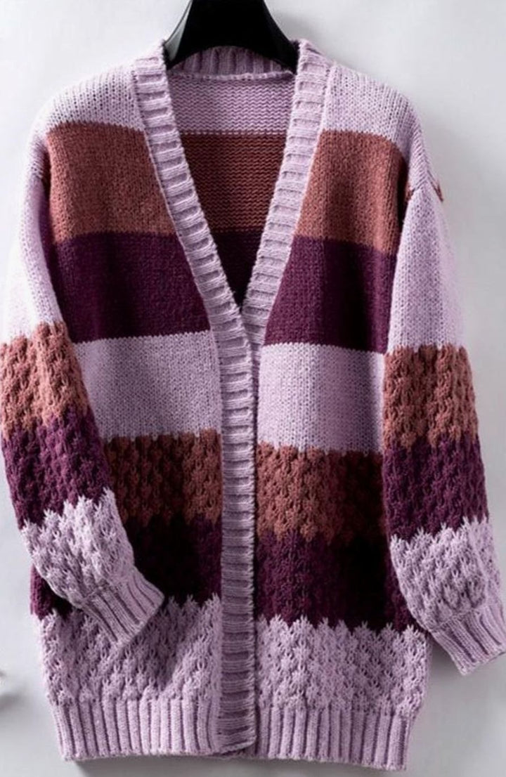 Women's Oversized Open-Front Striped Knit Cardigan Sweater - Purple