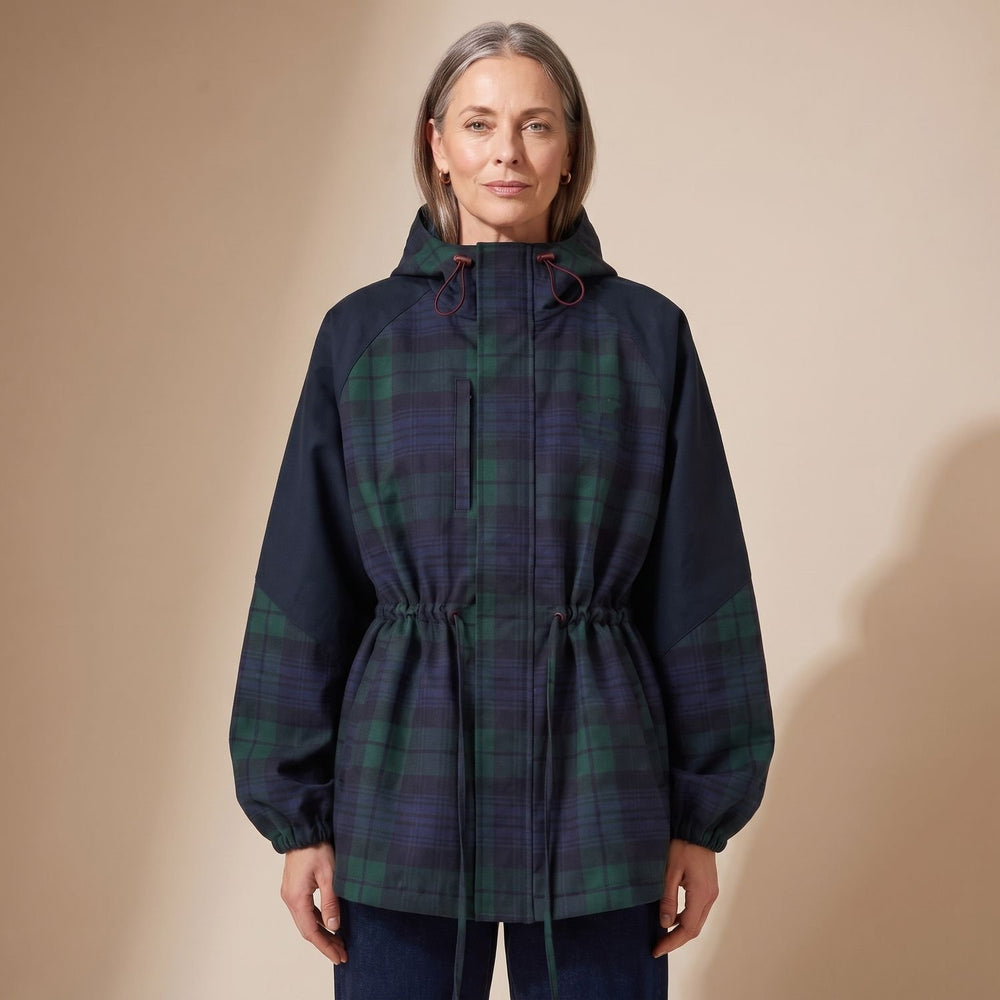 Women's Oversized Plaid Hooded Flannel Jacket Drawstring Waist - Dark Blue