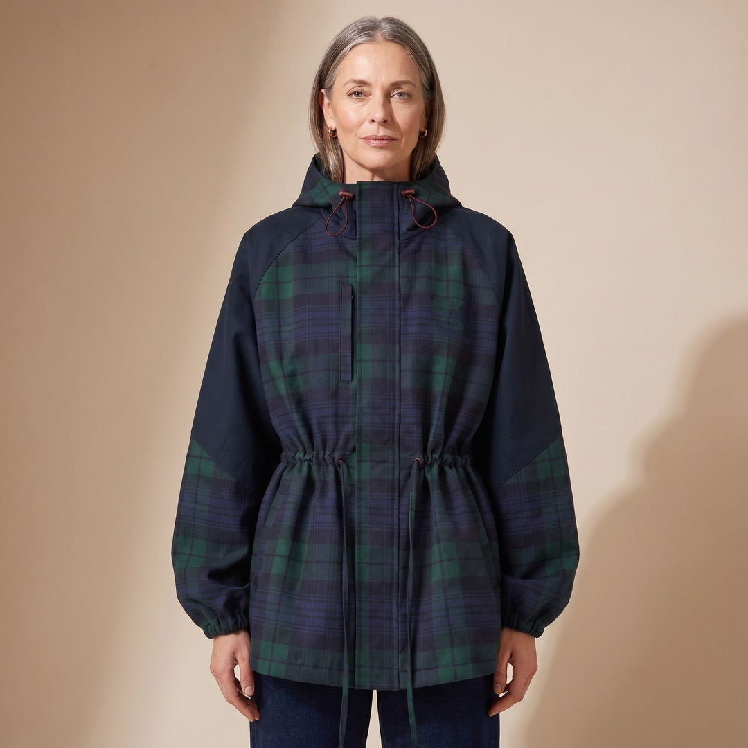 Women's Oversized Plaid Hooded Flannel Jacket Drawstring Waist - Dark Blue