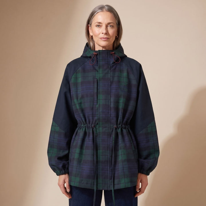 Women's Oversized Plaid Hooded Flannel Jacket Drawstring Waist - Dark Blue