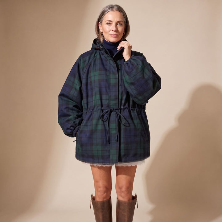 Women's Oversized Plaid Hooded Flannel Jacket Drawstring Waist